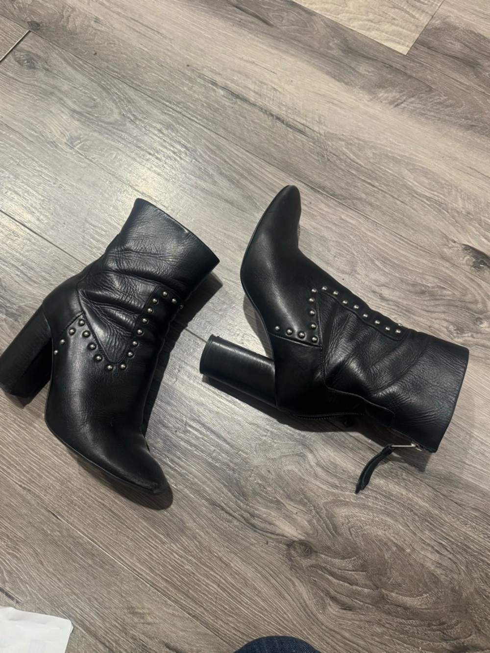 AllSaints Ivy Leather Studded Ankle Boots Black Block Heel Size 38 - Picture 2 of 7
